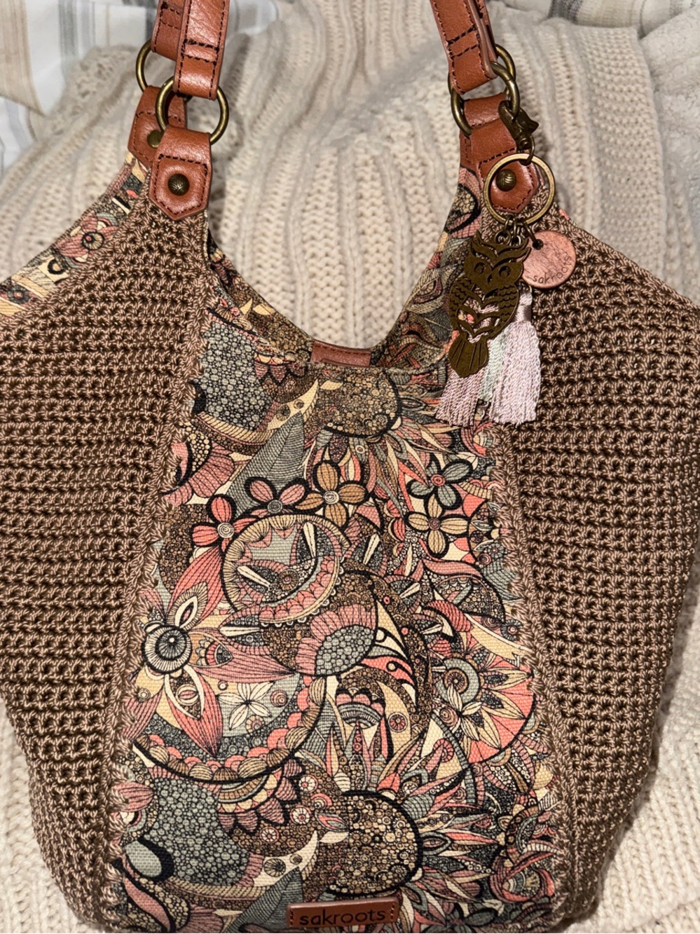 Sakroots Brown Crochet Shoulder Bag with Multicolor Paisley Panel